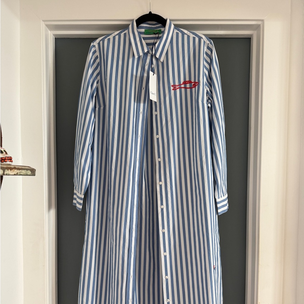 🤩 RARE Clare V Blue/White Stripe Dress w/ red embroidered sardine detail - Small